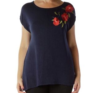 Anthropologie W5 XL Navy Blue Embroidered Red Rose Detail Blouse O